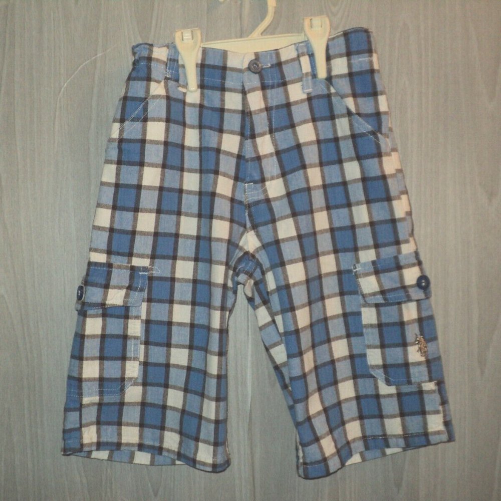 U.S.Polo Assn. Boy's Cargo Shorts Size 7 Blue Plaid Adjustable Waist Cotton